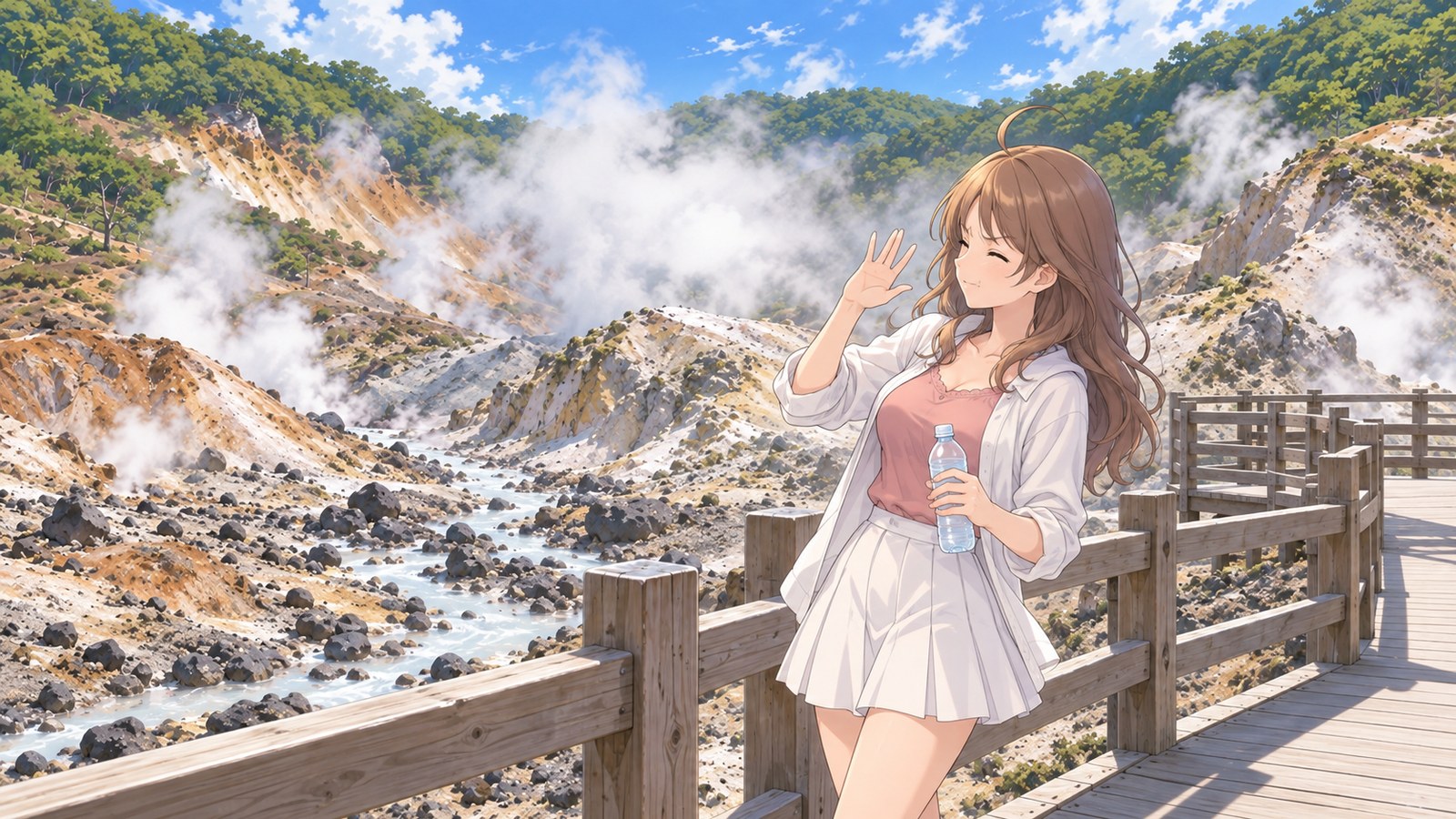 夏の登別地獄谷の木道で、白いシャツとピンクのトップス、白いミニスカートの主人公が、風で流れてきた噴気に目をつぶって、片手であおぐ。もう片方の手にボトルの水。下に岩の間を流れる湯の川