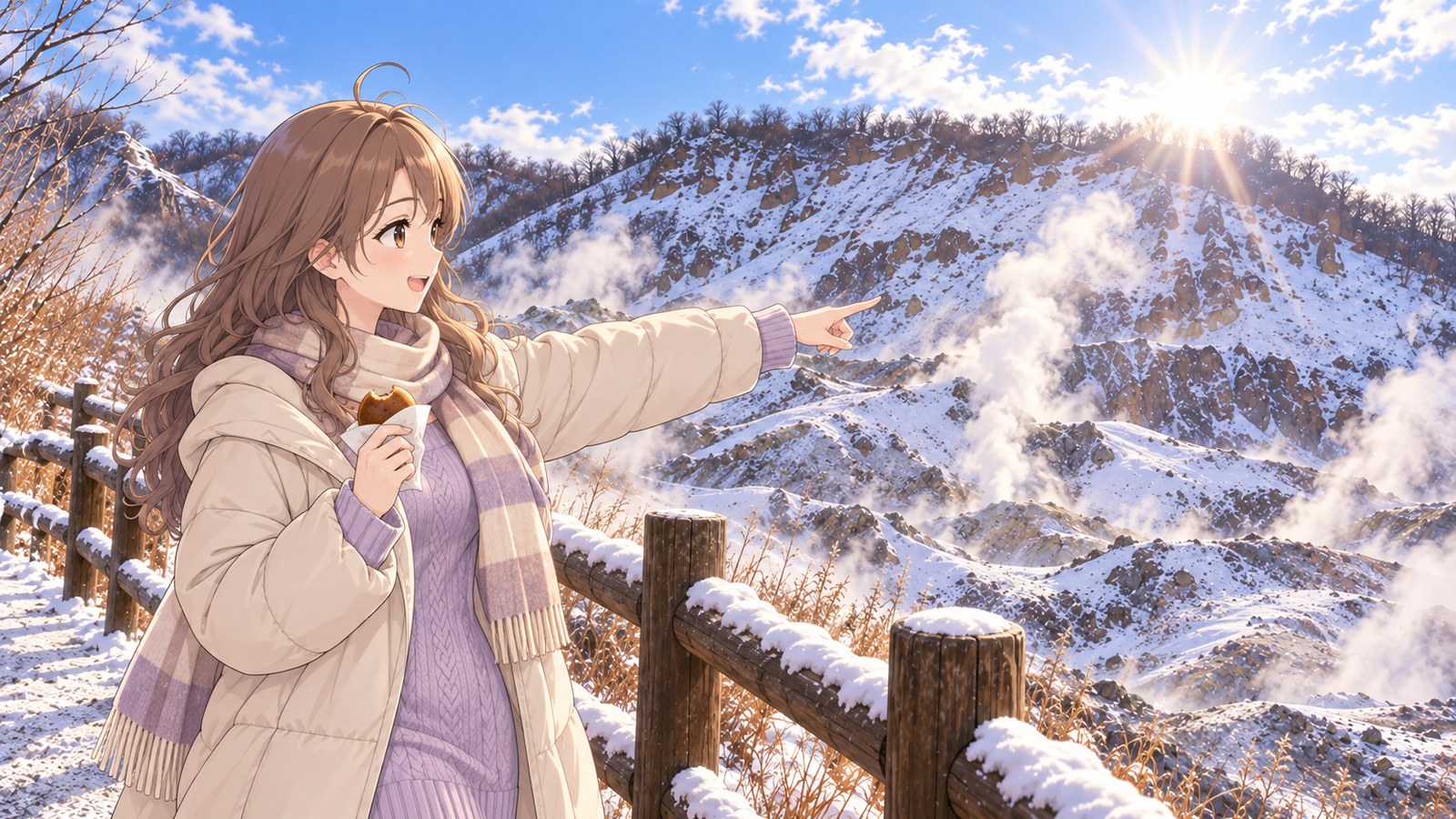 冬の登別地獄谷。雪の積もった柵の前で、クリーム色のダウンにマフラーの主人公が、ひと口かじったまんじゅうを片手に、雪の斜面から上がる噴気の一本を指さして笑う
