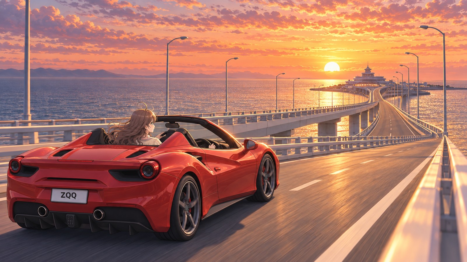 A red convertible heads across the bridge over the sea toward Umihotaru and into the sunset. The driver’s hair streams behind her, and a golden path of light stretches across the water.