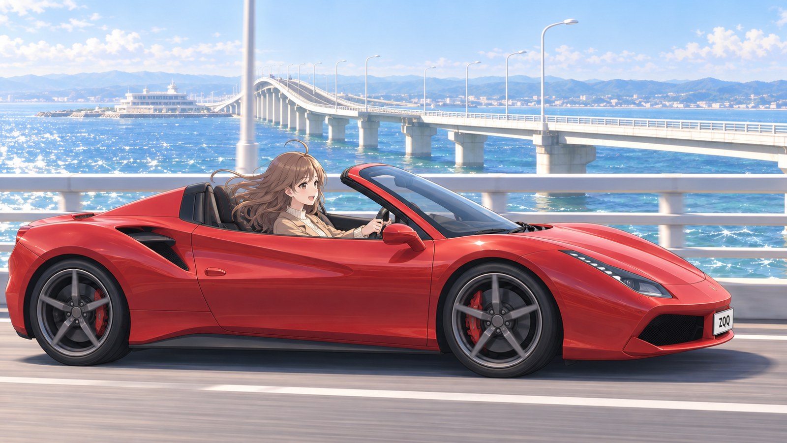 A woman drives a red convertible with the top down across a bridge over the sea. Her long hair streams in the sea breeze, and Umihotaru Island appears like a white ship in the distance.