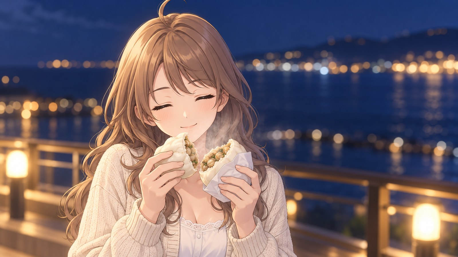 On the observation deck at night, a woman breaks open a steaming clam bun in her hands and closes her eyes to breathe in its aroma. The night sea and the lights on shore glow behind her.