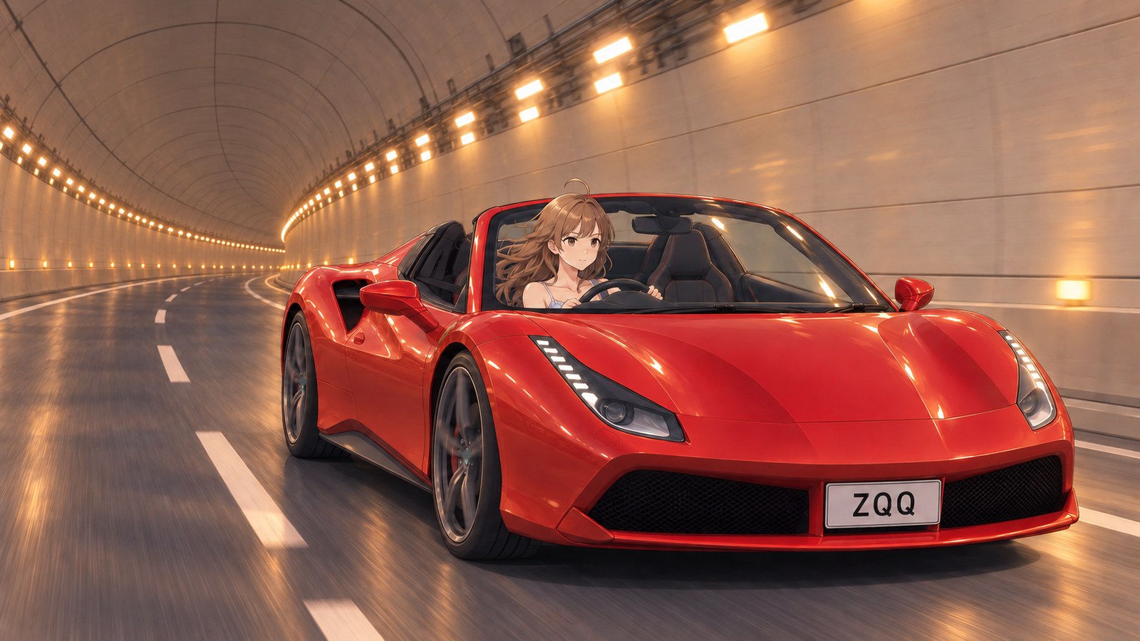 A woman in a white camisole drives a red convertible with the top down through a nighttime undersea tunnel, looking straight ahead as two rows of orange lights stretch into the distance.