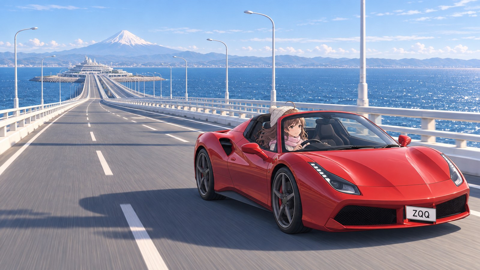 A woman in a white knit cap and pink scarf drives a red convertible with the top down across the bridge from Umihotaru toward Kisarazu. Umihotaru Island and snow-capped Mt. Fuji are behind her.