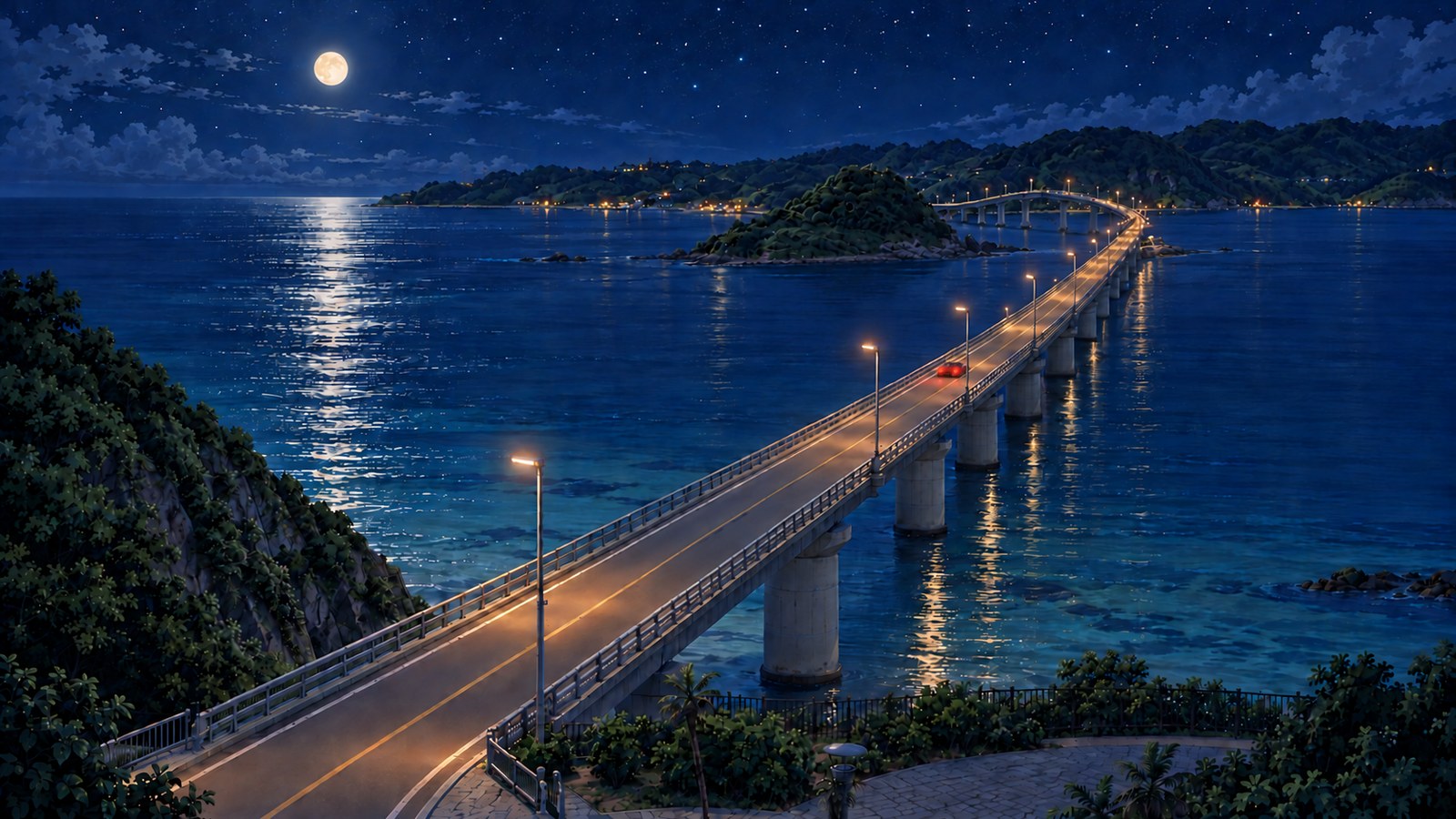 7月の夜、月の光が海に道を描く下で、街灯が等間隔に灯る角島大橋を、赤いオープンカーが尾灯を光らせて島へ渡っていく。手前に本土側の高台と海辺の広場