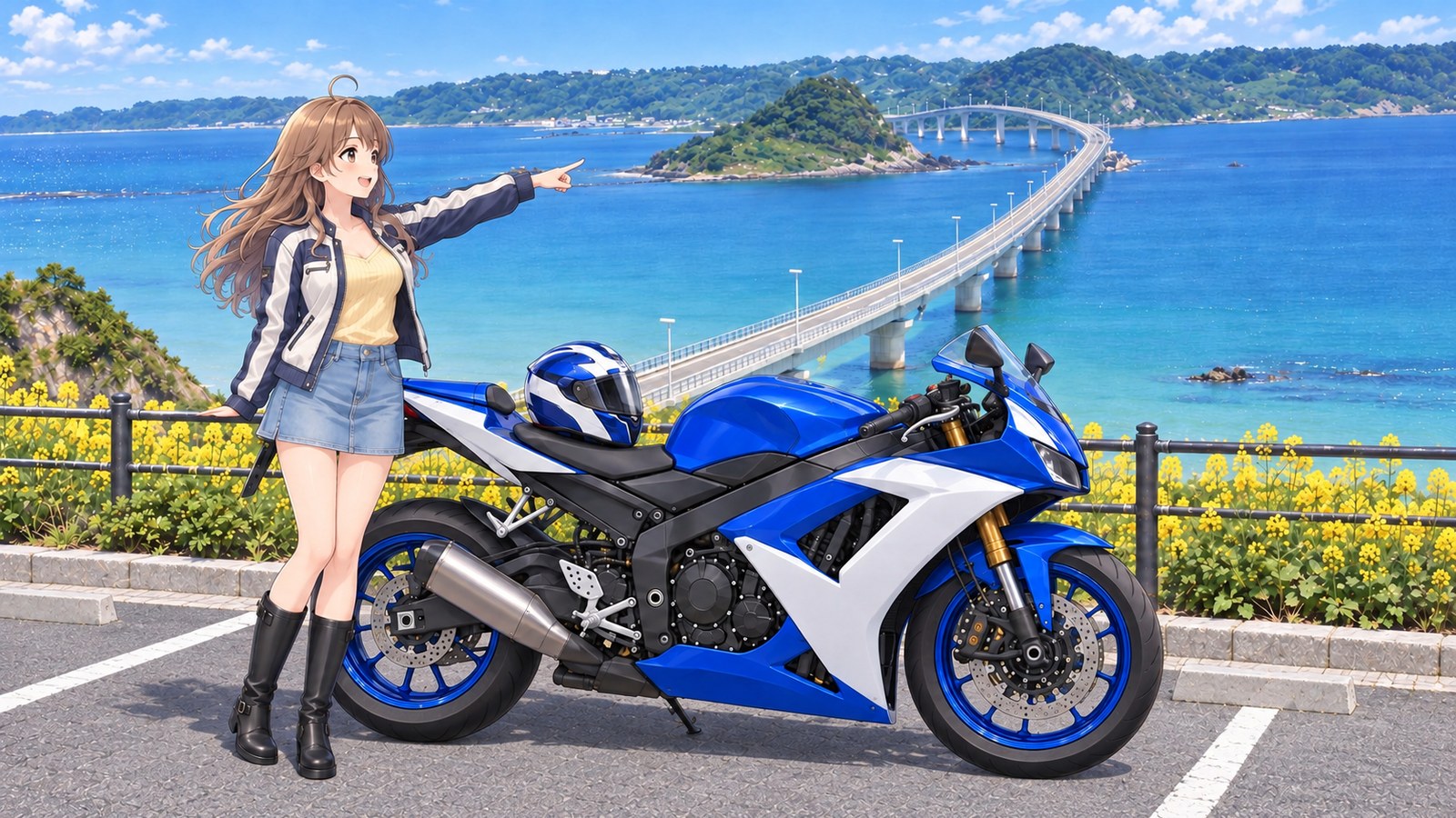 海士ヶ瀬公園の駐車場で、ヘルメットをシートに置いた青と白のバイクの横に立ち、菜の花の向こうに伸びる角島大橋を指さして笑う主人公。ライダースとデニムのミニスカート