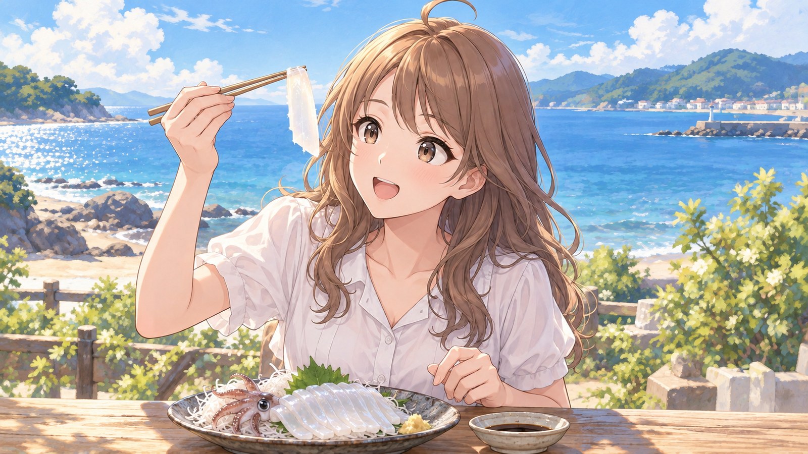 透きとおった剣先イカのお刺身を箸で持ち上げて光にかざし、目を輝かせる主人公。大葉と大根のつまを添えた皿と醤油の小皿、向こうに夏の海と緑がぼんやり光る