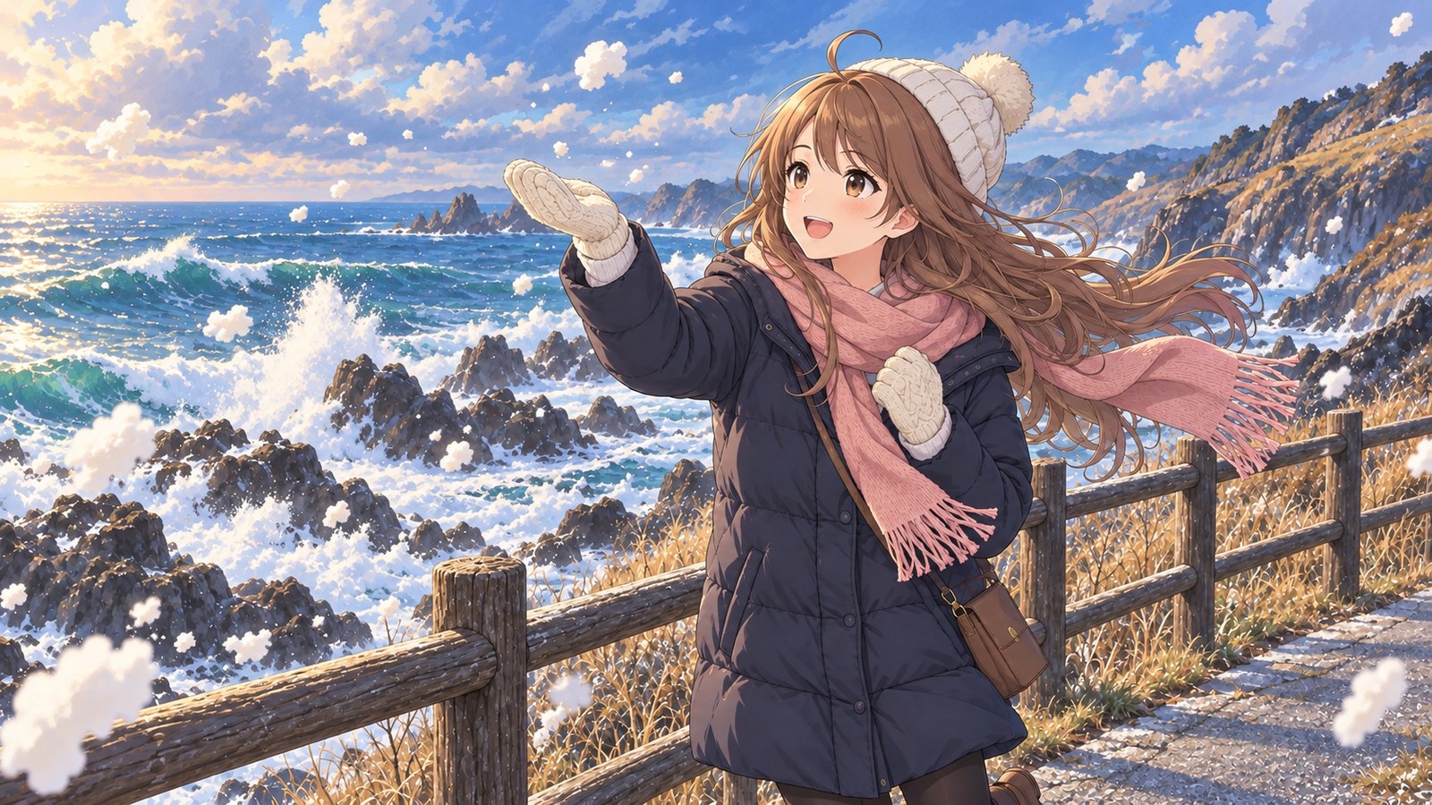冬の荒れた海が岩に砕けて白く泡立ち、風に飛ぶ泡のかたまりへ、遊歩道の柵の内側からミトンの手を伸ばして笑う主人公。ピンクのマフラーと長い髪が風になびく