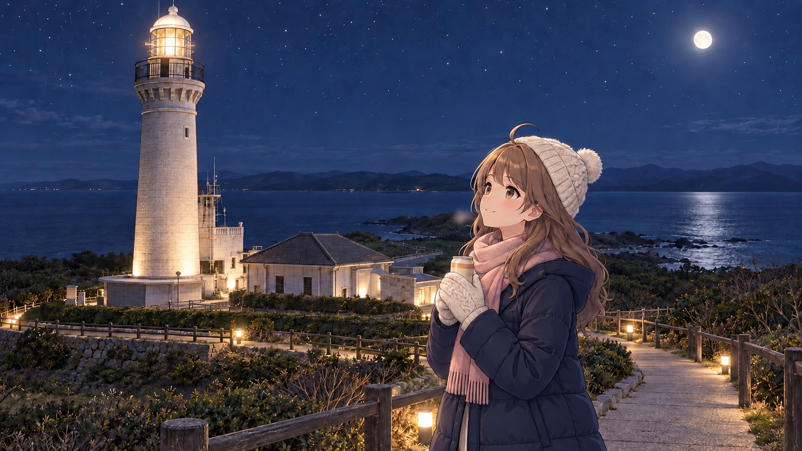 星空と月の下、明かりが灯りライトアップされた角島灯台を、温かいミルクティーの缶を両手で包んで見上げる主人公。白いニット帽にピンクのマフラー、紺のダウンコート、奥に夜の海と対岸の山