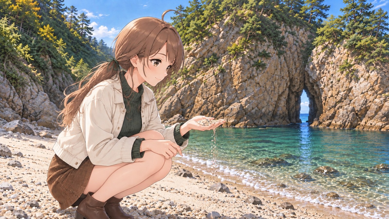 秋の午後の鴨ヶ磯で、髪を低い位置で一つに結んでしゃがんだ主人公が手のひらにすくった砂を指の間からこぼしながら、目の前の花こう岩の岩壁と見比べる