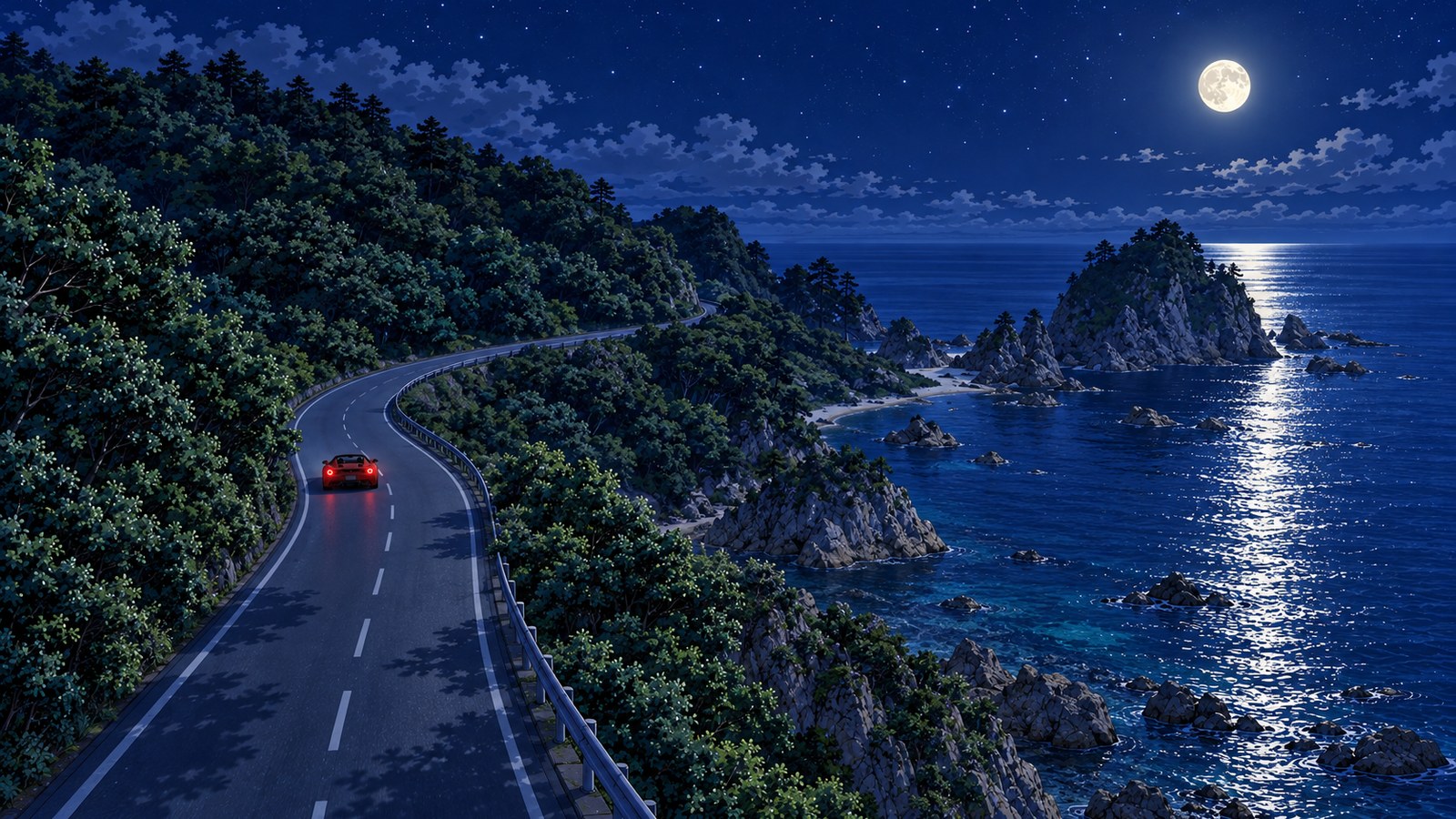 7月の夜、木の茂った丘を縫って海沿いに続く道を、赤いオープンカーが尾灯を光らせて遠ざかる。右手の月明かりの海に、木と松をのせた大きな岩の島と小さな岩が並び、月の光が海に道を描く