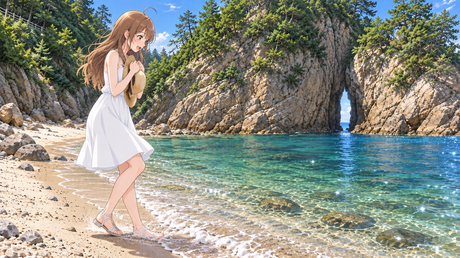 夏の朝の鴨ヶ磯で、白いワンピースの主人公が、サンダルのつま先にかかった波から一歩下がって、麦わら帽子を胸に抱えて笑う。澄んだ浅瀬の底に石が透ける