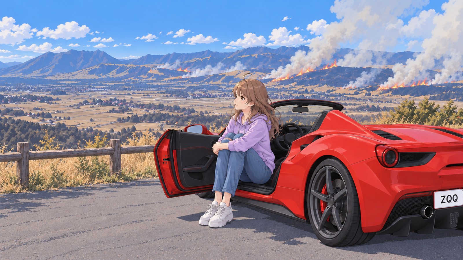 赤いオープンカーのドアを開けて座り、遠くの草原の斜面を進む野焼きの炎と煙を見つめる主人公