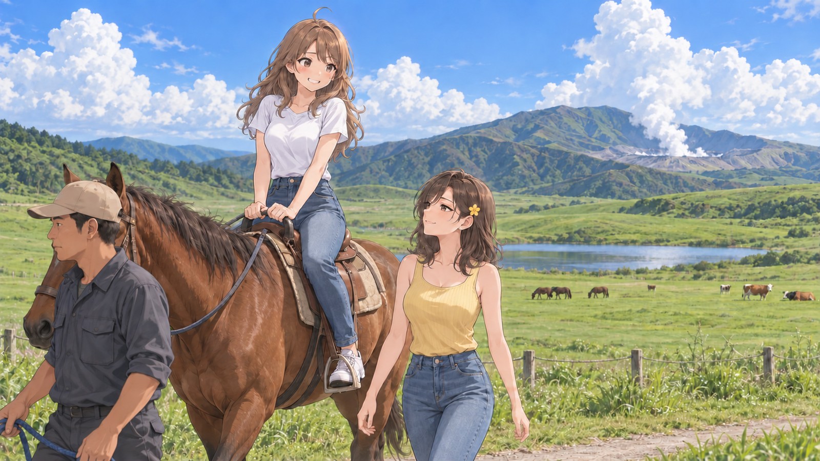 夏の草千里ヶ浜で、ガイドが引く馬に乗って鞍をにぎる主人公と、横を歩いてからかう友達。奥に池と山、中岳の噴煙