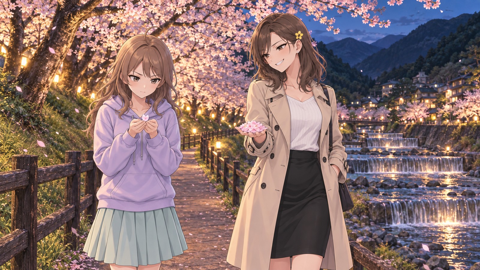 ライトアップされた宮城野早川堤の桜並木で、1枚の花びらを真剣に見つめる主人公と、少し離れて手のひらいっぱいの花びらを見せて勝ち誇る友達。横の早川には段々の堰が続く