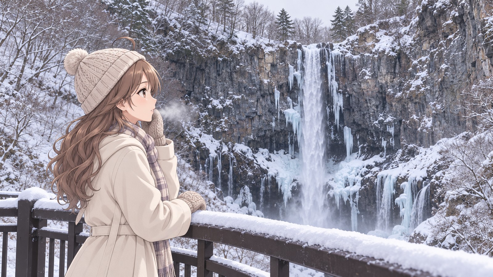 つららと青白い氷に包まれた冬の華厳滝を、手袋の手を頬に当てて見つめる主人公の横顔