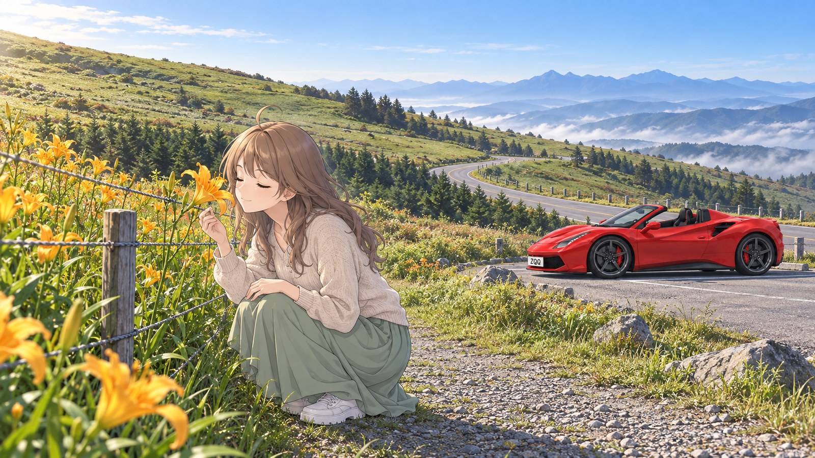 朝霧の残る霧ヶ峰の高原で、柵のそばのニッコウキスゲに顔を寄せる主人公。道路わきに赤いオープンカー
