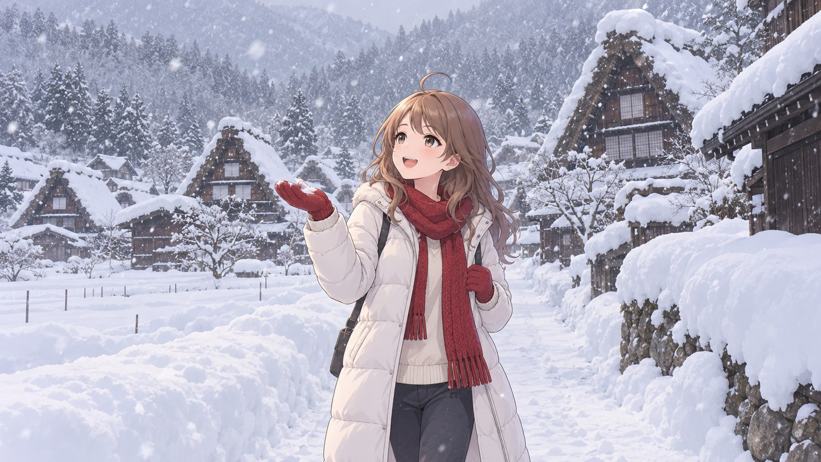 深い雪に覆われた白川郷の合掌造りの集落で、手袋の手を広げて降る雪を受けて笑う主人公