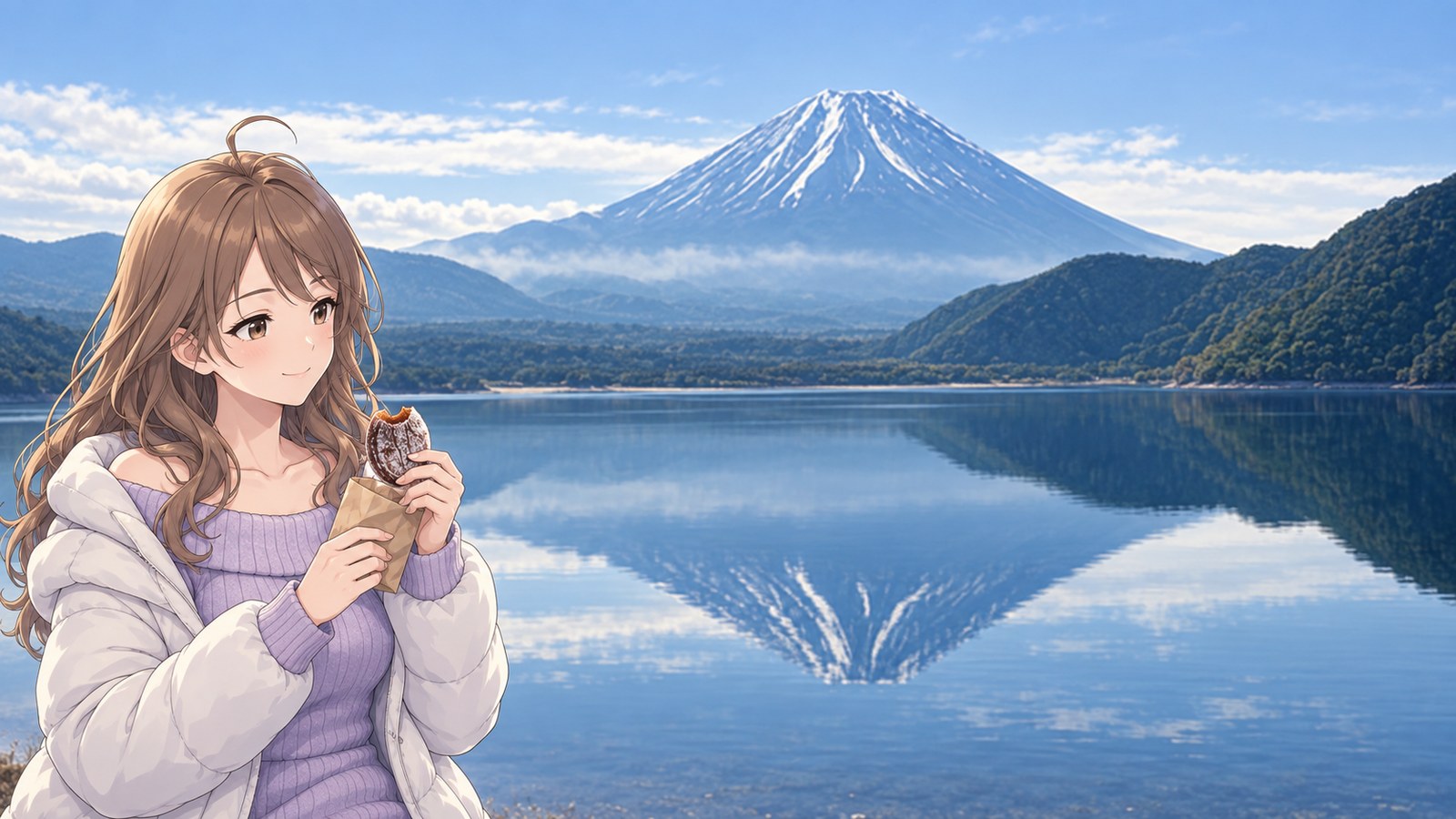 Lake Motosu in winter. A woman in a white down coat and lavender sweater is eating a paper-wrapped, white-powdered dried persimmon. Snow-covered Mount Fuji rises in the distance, reflected in the calm lake.