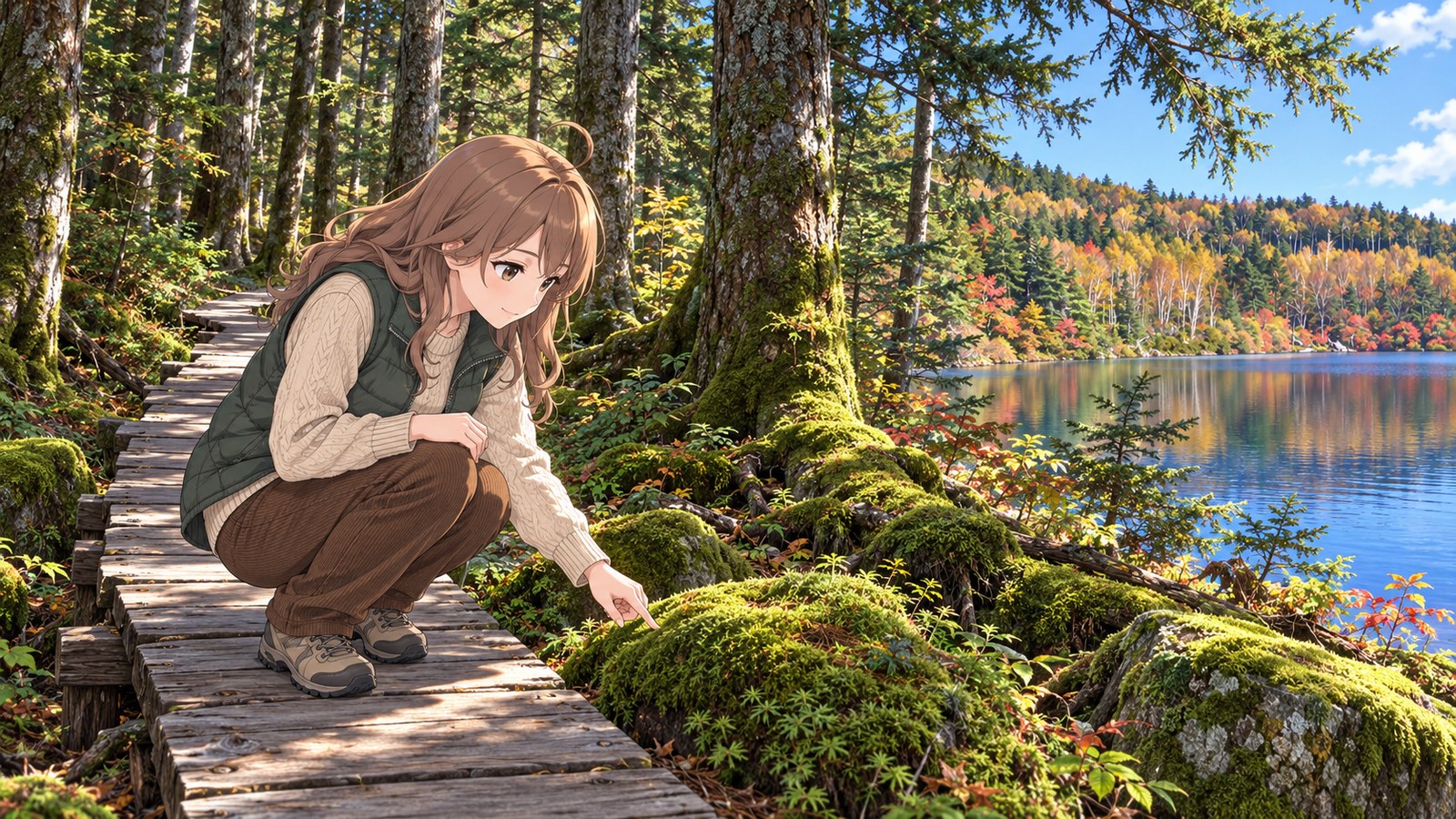 苔むした原生林の木道にしゃがみ、足もとの苔をのぞき込む主人公。奥に紅葉に囲まれた白駒の池