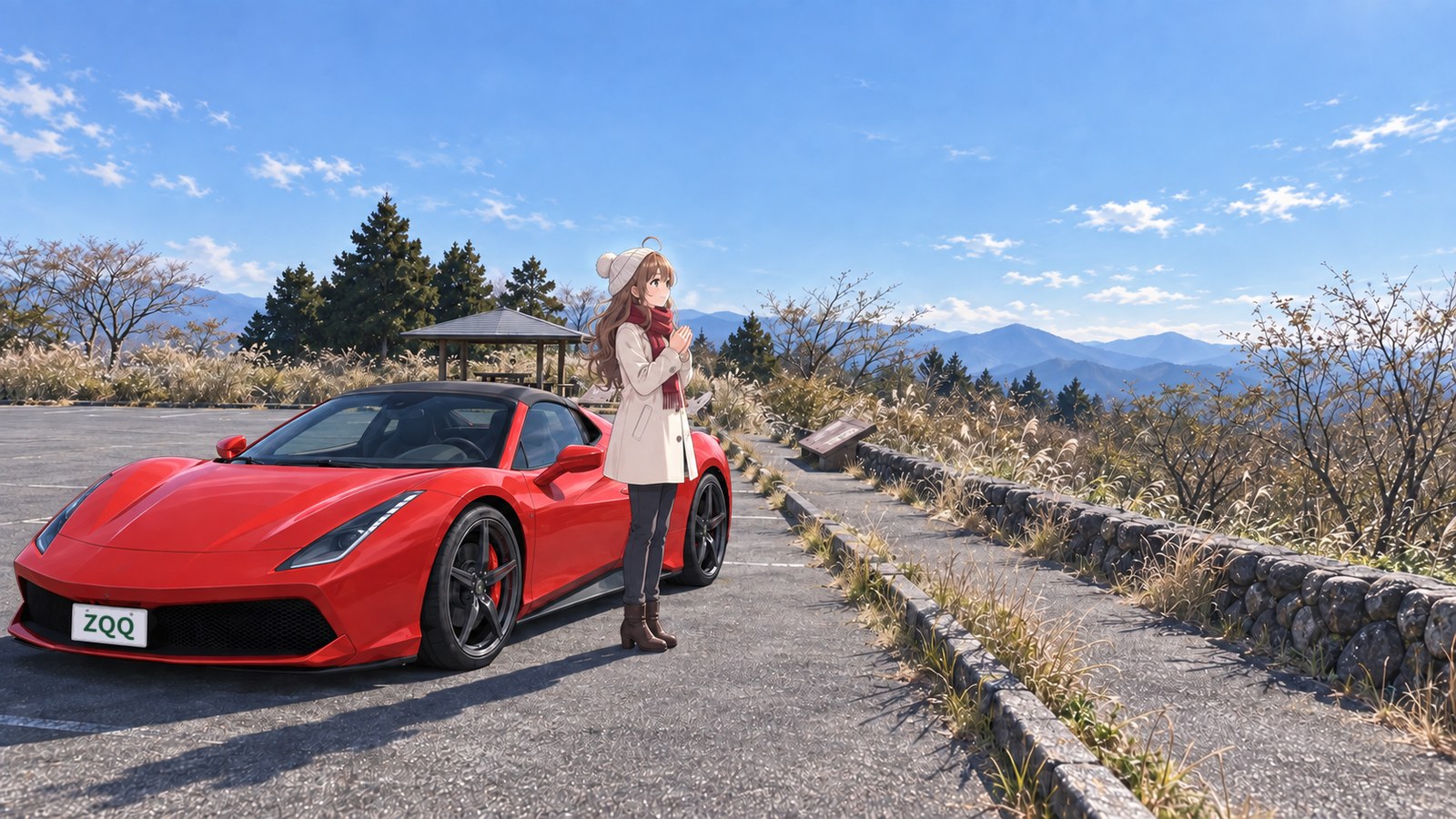 I'm wearing a white knit hat and red scarf, warming my hands beside my red car with its roof up. Beyond a stone wall and withered pampas grass, winter mountains stretch into the distance.