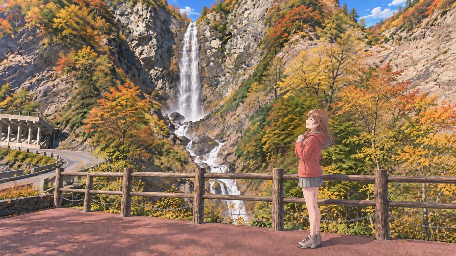 Autumn foliage around Fukube-no-Ōtaki. Wearing a coral jacket, gray skirt, and black leggings, I smile with my hands gathered around my jacket cuffs in front of the wooden railing on the viewing platform.