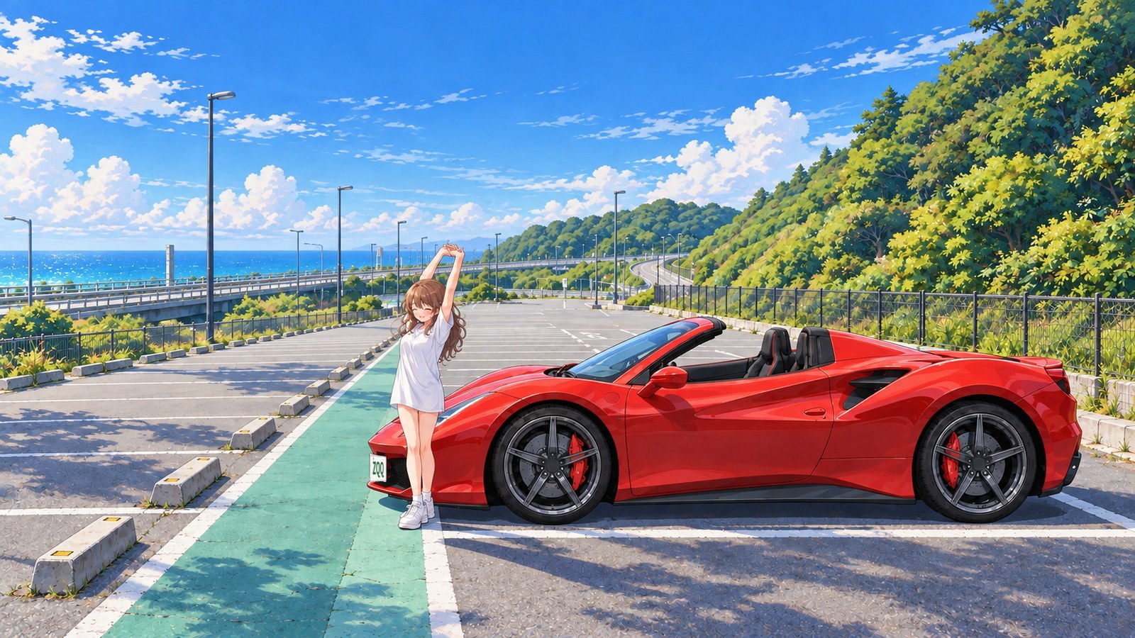 At Roadside Station Shiomizaka’s car park in summer, a woman in a white T-shirt dress stretches both arms overhead while standing in the green pedestrian lane beside a red convertible. The bypass and sea are to her left, with a green embankment to her right.