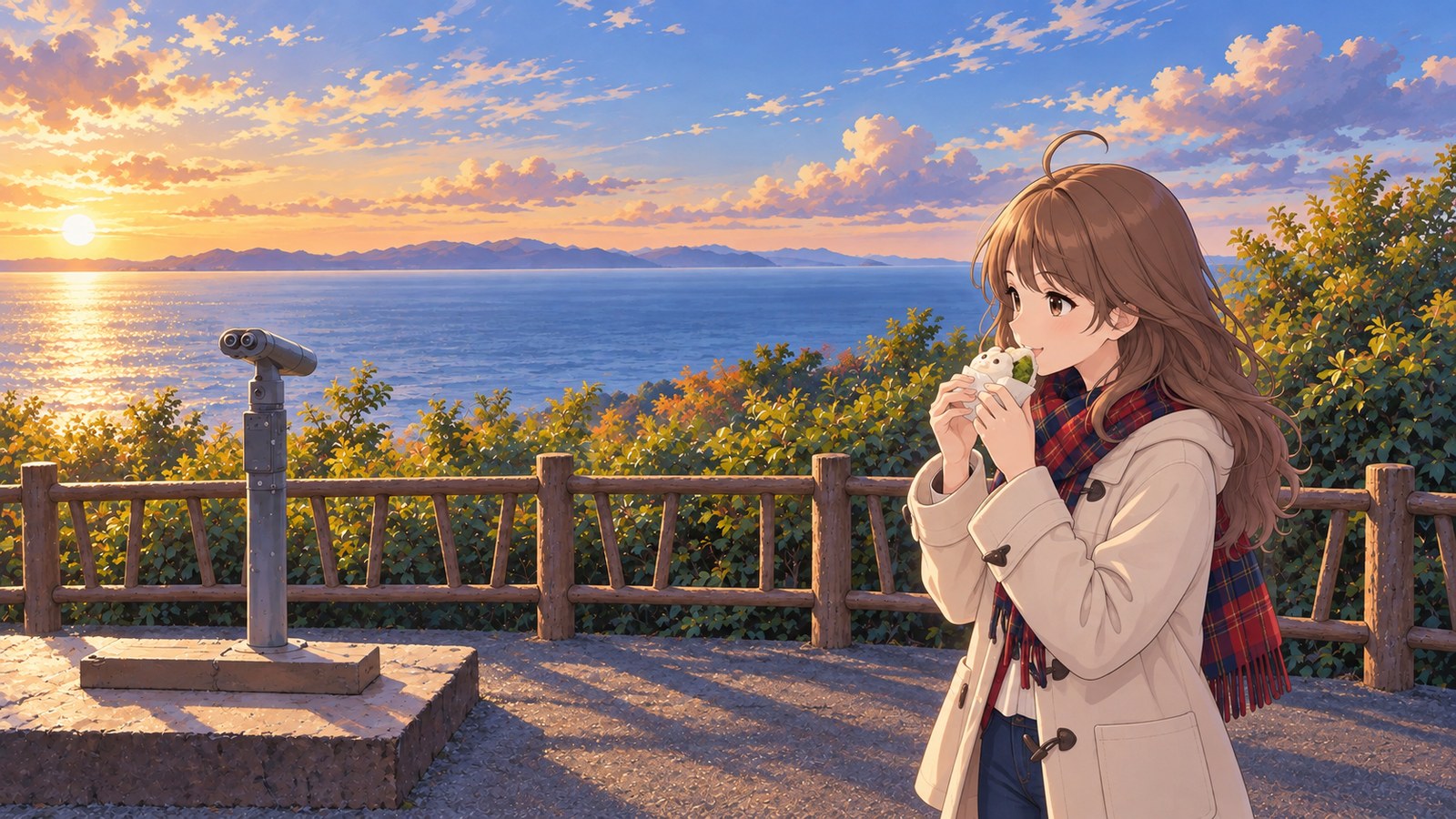 At a sea-facing lookout on Yahikoyama, a woman in a cream duffel coat and checked scarf eats a White Panda-yaki. Beyond the wooden railing and binoculars, the Sea of Japan and the outline of Sado Island stretch into the distance.