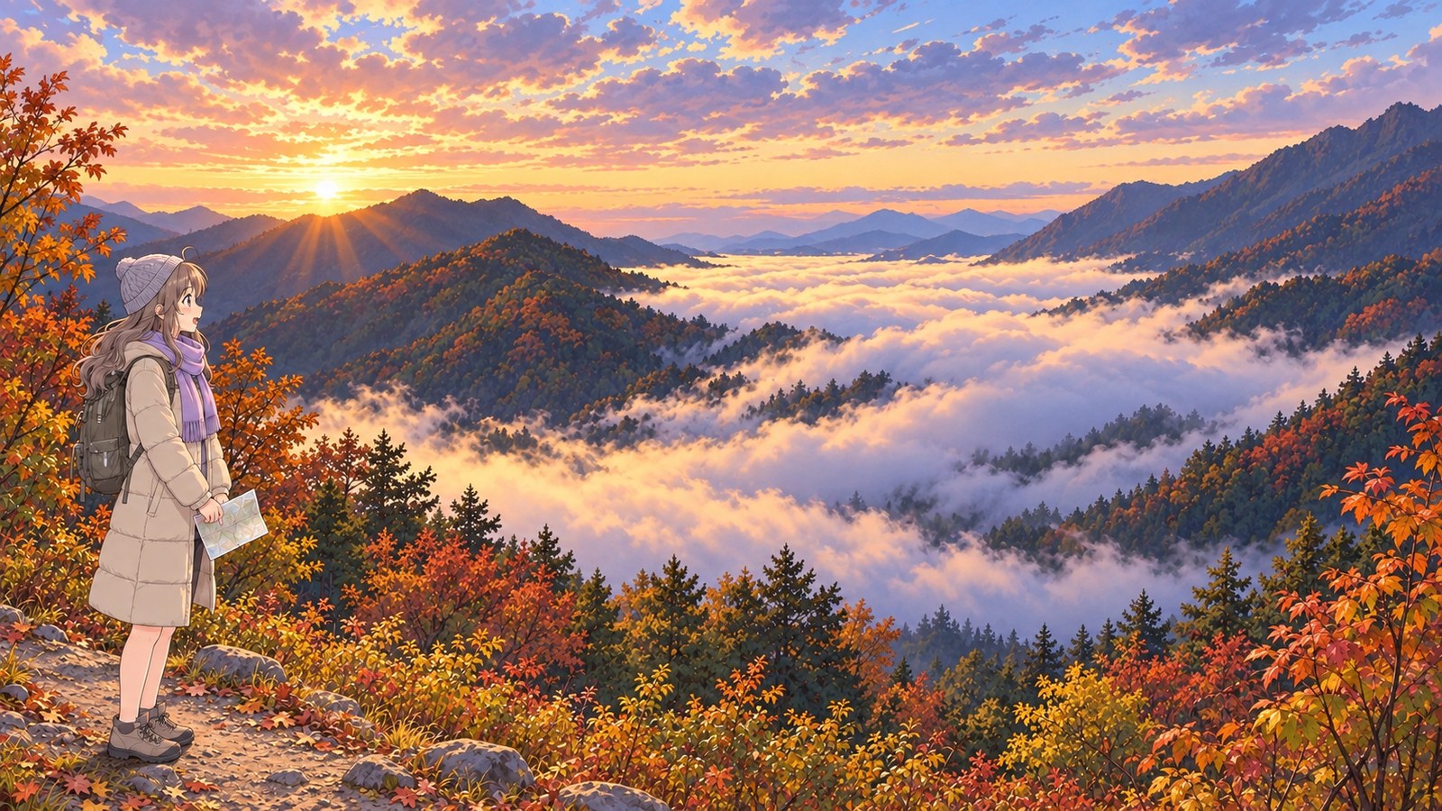 I’m looking out at clouds spilling over the autumn ridge, holding my map low. I wear a long cream-colored down coat, a gray hat, and a pale purple scarf, and carry a plain backpack; autumn leaves line the trail.