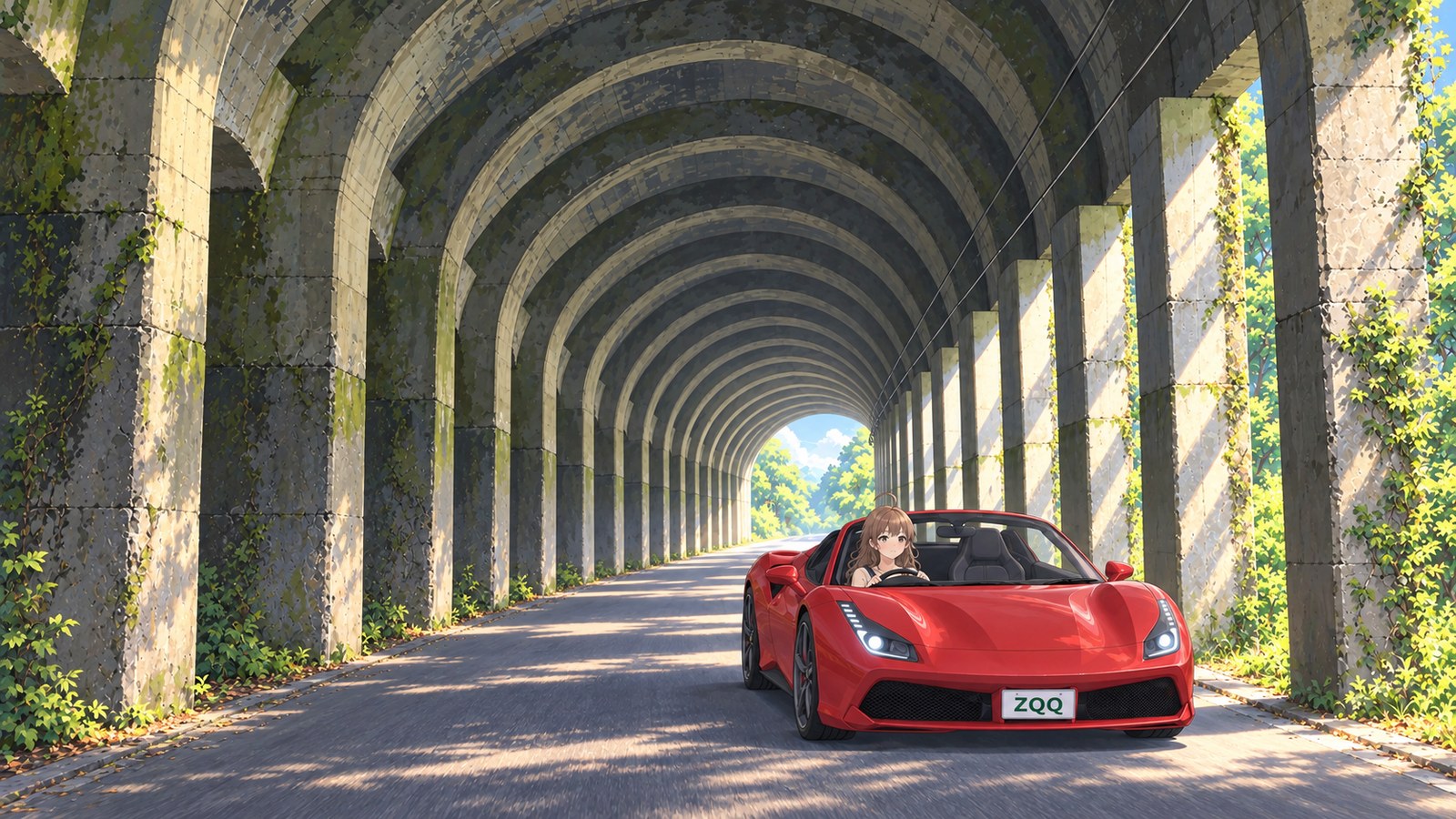 In early summer, a woman in a cream-colored short-sleeved top drives a red open-top car through the Higashi-Akatani arched road galleries, gripping the wheel with both hands. Concrete arches continue ahead, and light falls onto the road through an opening on the right.