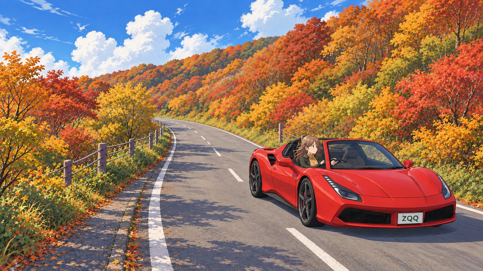I’m driving along the autumn-coloured Osado Skyline in my red open-top car, wearing a green jacket over a turtleneck. I have both hands on the wheel and am looking ahead.