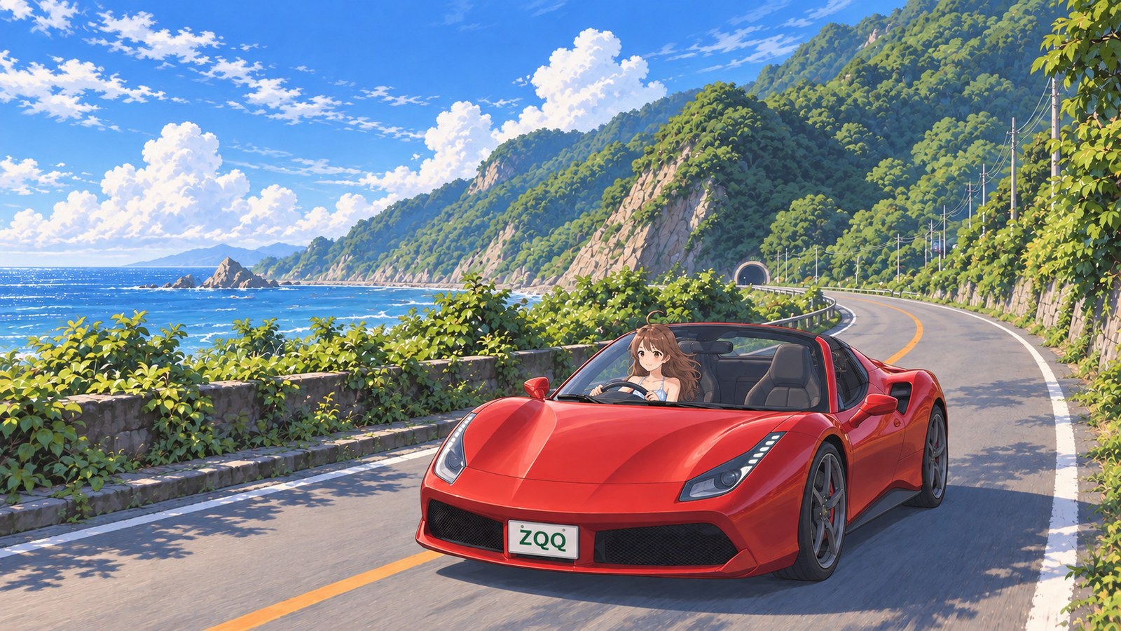 A woman in a light blue checked top drives a red convertible along a summer coastal road, facing forward with both hands on the wheel. The Sea of Japan and rocky shore are on the left, a green hillside on the right, and a tunnel in the distance.
