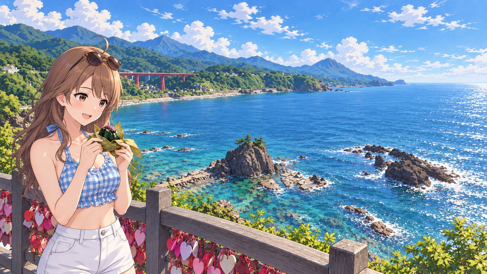 The heroine, wearing a pale blue checked top and white shorts, holds a green sasa dango with its bamboo leaf opened, near her mouth. Beyond a wooden fence lined with heart-shaped plaques are the red Yoneyama Bridge, green mountains, the Sea of Japan, and rocky reefs.