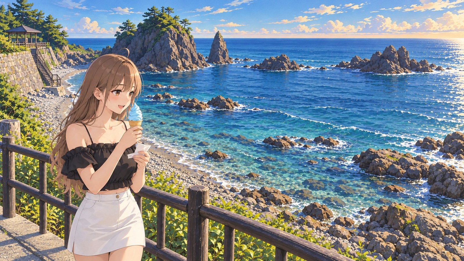 A woman in a black off-the-shoulder top and white skirt holds pale blue soft serve near her mouth at a viewpoint on the Sasagawa Nagare Coast. Behind her are a wooden fence, a stone-clad wall and steps on the left side of the image, a pebble beach, clear shallows and rocky reefs of varied shapes.
