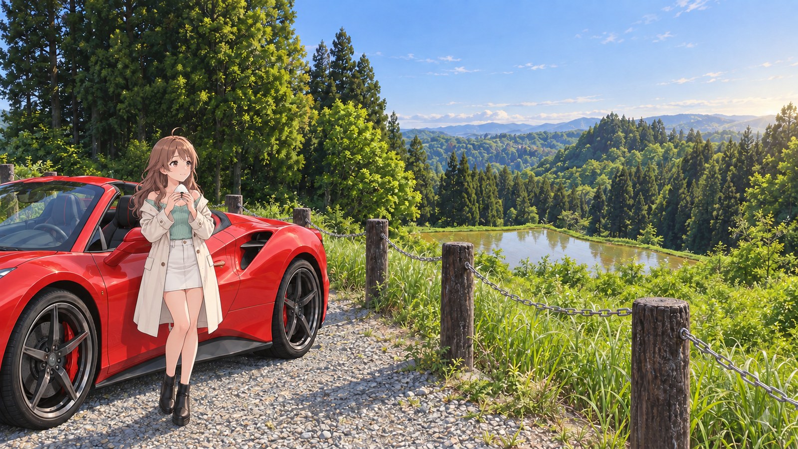 At the Hoshitoge Rice Terraces in spring, a woman in a mint top and light cream coat stands beside a red convertible in a gravel car park, holding a white rice ball near her mouth. Beyond a wooden post-and-chain barrier are water-filled paddies.