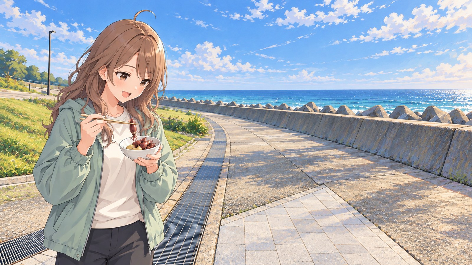 A woman wearing a mint windbreaker, cream mid-layer and dark trousers lifts a boiled firefly squid from a small bowl with chopsticks at a seaside plaza in Uozu. To the right are a low seawall and wave-dissipating blocks, with the horizon over Toyama Bay beyond them. A curved metal drainage channel runs across the ground near her feet.