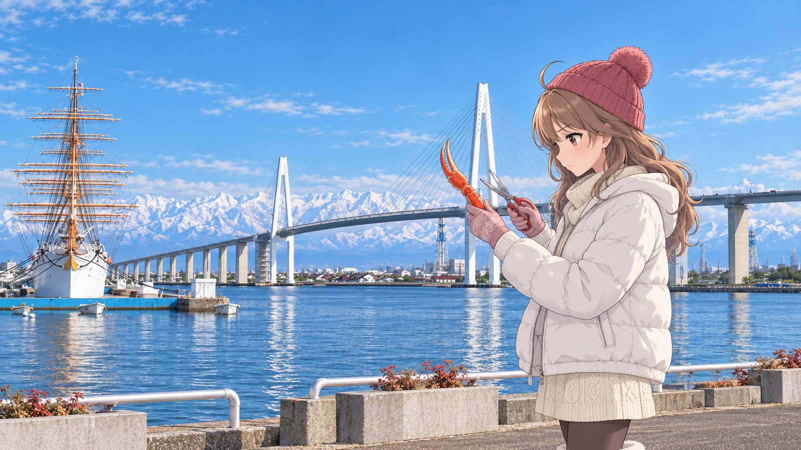 白い2本の主塔の新湊大橋と帆船、雪の立山連峰を背に、紅ズワイガニの脚をはさみで切る場所を真剣に探す主人公