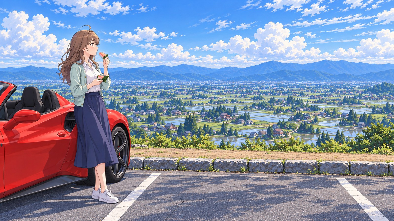 A woman in a white shirt, pale mint cardigan and long navy skirt eats masu sushi wrapped in a bamboo leaf in the Kanjoji Park car park. Her red car is parked to the left, with rice paddies filled with water and scattered homes in the distance.