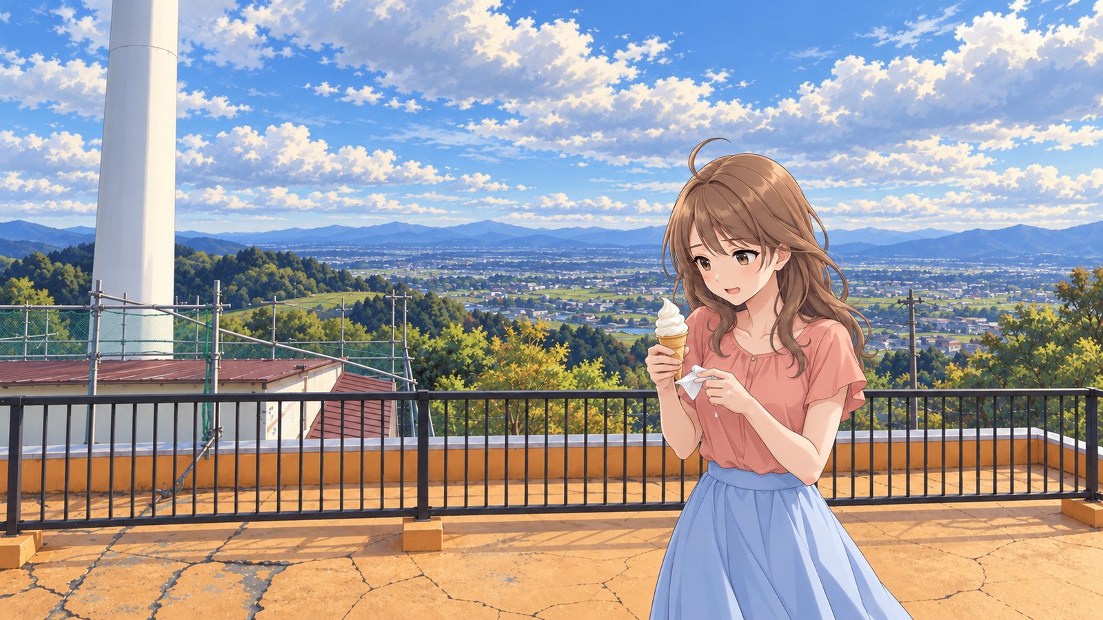 At the Inabayama lookout, a woman in a coral short-sleeved blouse and pale blue skirt holds a piece of paper against a cone of white soft serve. Beyond the black railing, the plain stretches out, with the white tower of a wind turbine on the left.