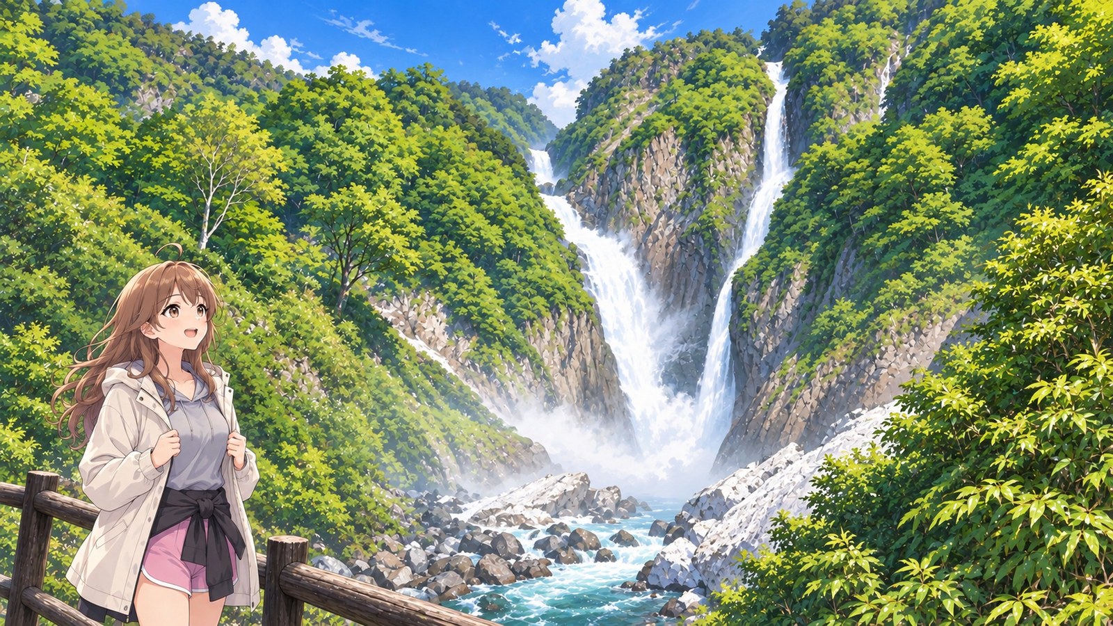 At the viewing platform at Shōmyō Falls, a woman in a cream-coloured coat holds it closed with both hands and looks up at the two falls. She wears a grey hooded top and pink shorts, with a black jacket tied around her waist; a gorge of fresh leaves and lingering snow stretches behind her.