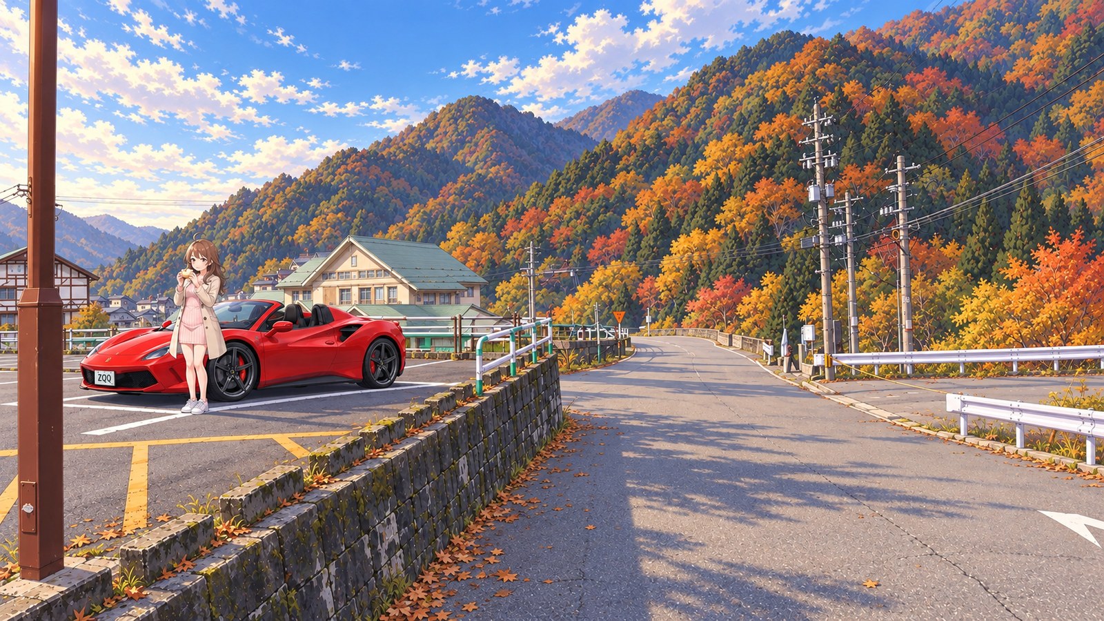 A woman in a beige coat savours a sweet beside a red open-top car, with autumn-coloured mountains and Unazuki Station behind her.