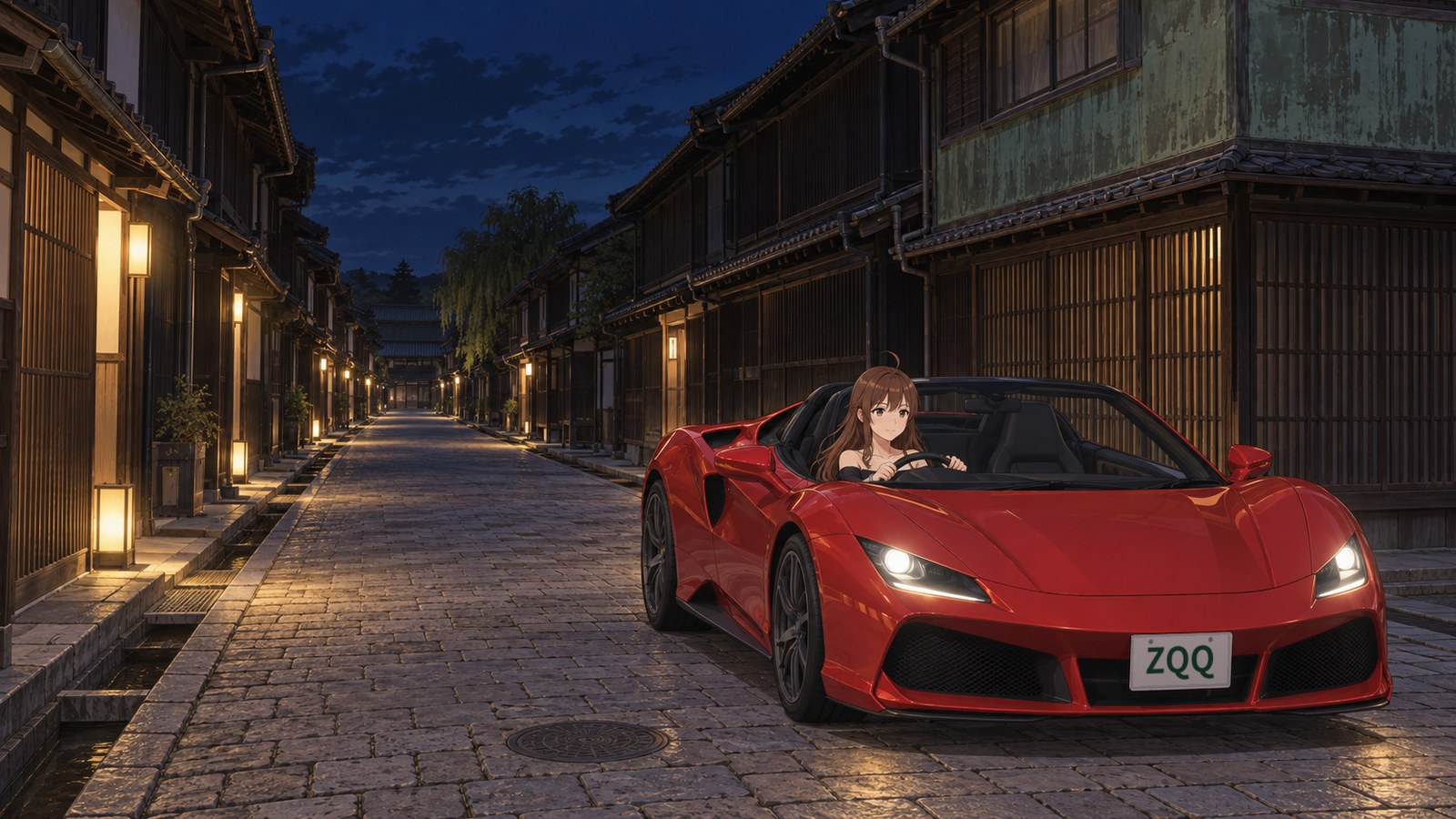 A summer night in Kanaya-machi. The protagonist drives slowly along a cobbled street, both hands on the wheel of a red convertible, past lattice-fronted townhouses and lit houses.