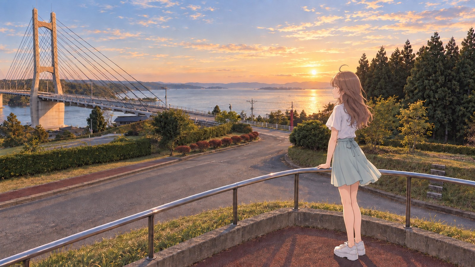 From a park fence, a woman in a white short-sleeved top and pale blue-green skirt looks at Nanao Bay and Twin Bridge Noto in the summer evening light