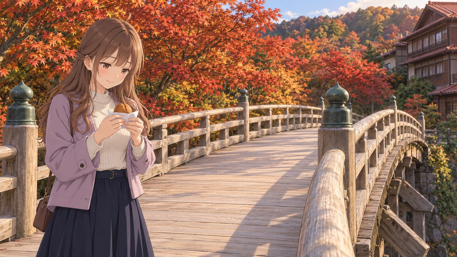 On Korogi Bridge amid autumn leaves, a woman in a pale purple jacket and navy skirt holds a manju in a paper wrapper