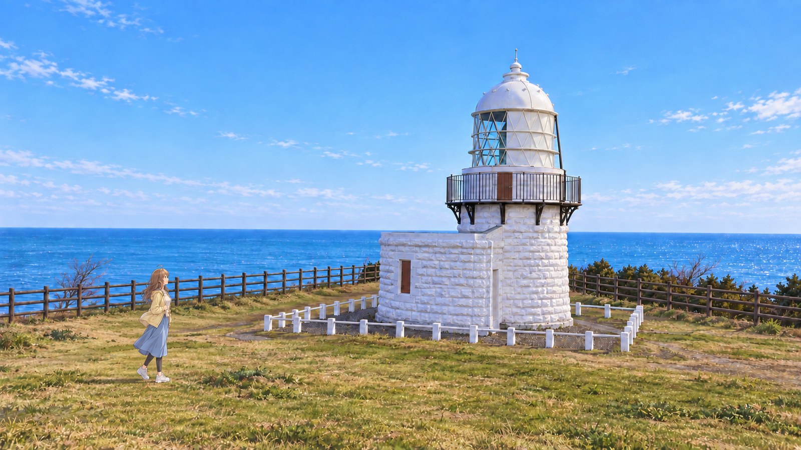 A woman in a pale yellow jacket and blue skirt looks from the grass towards white Rokkosaki Lighthouse against the blue spring sea