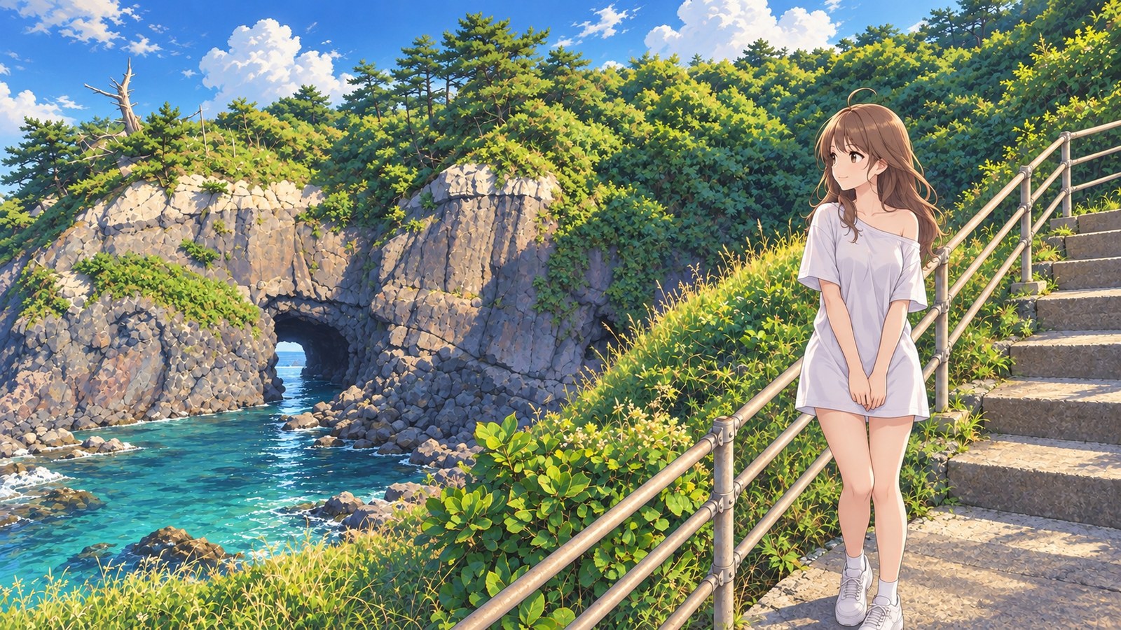 A woman in a white T-shirt dress looks at Ganmon’s rock opening and blue-green sea from a landing on steps with a railing in summer