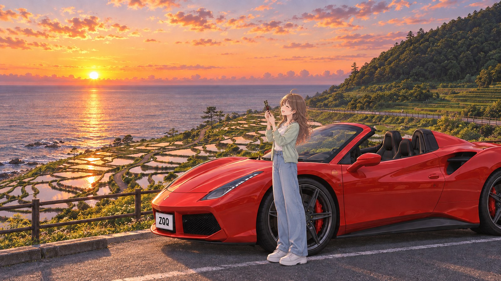 夕日を映す白米千枚田の水田と日本海。赤いオープンカーの横で、金の模様が光る輪島塗の箸をかざして喜ぶ主人公