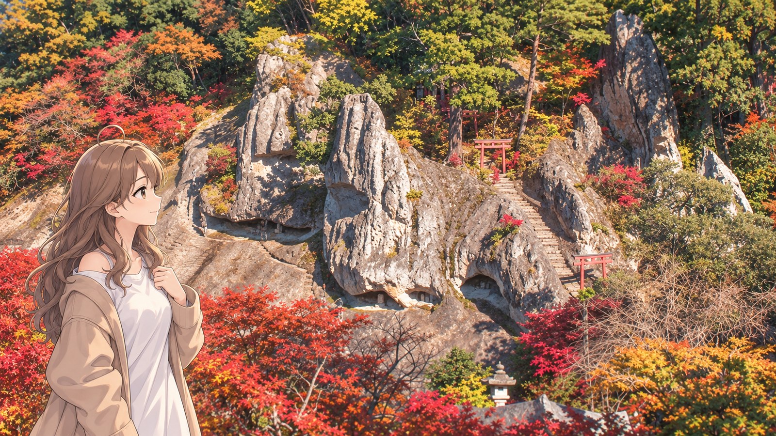 Natadera in autumn. Wearing a beige coat over white clothes, the narrator holds her collar and looks up at the openings and little torii of Kigan Yusenkyo amid autumn leaves.