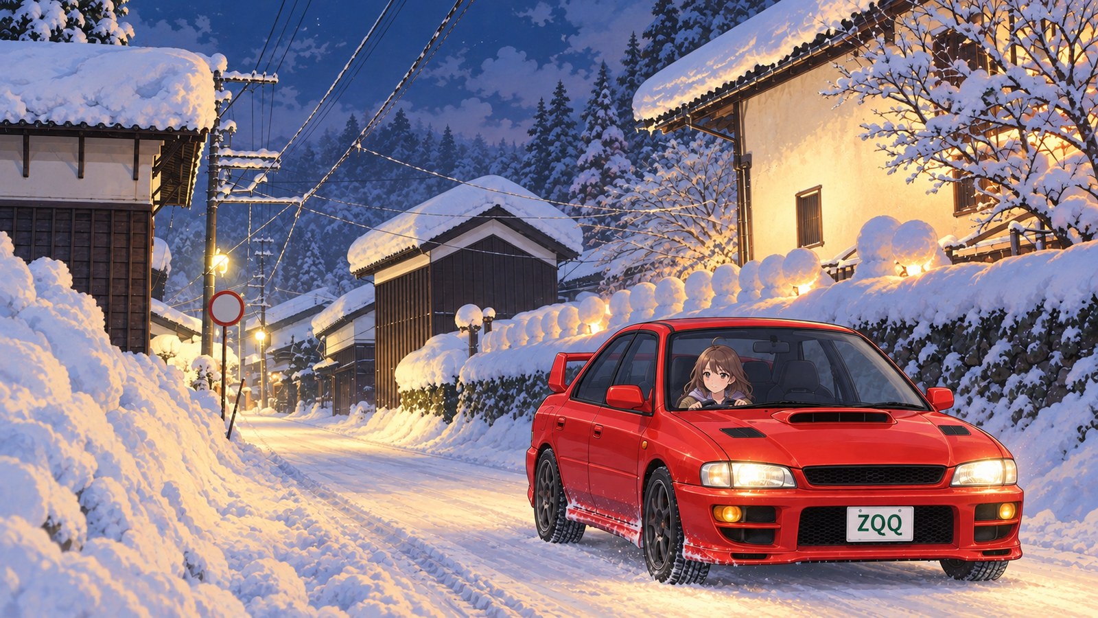 Winter in Shiramine. A woman drives slowly along a street of traditional houses and snow-covered stone walls, both hands on the wheel of a red four-wheel-drive sedan.