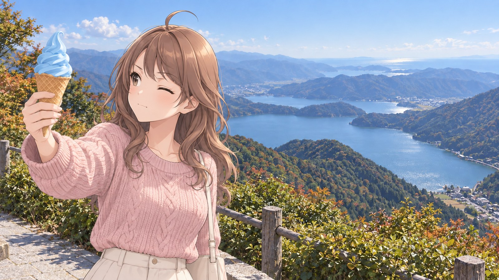 紅葉の山に囲まれた三方五湖と若狭湾を背に、空色のソフトクリームを片目をつぶって湖の青と見比べる主人公