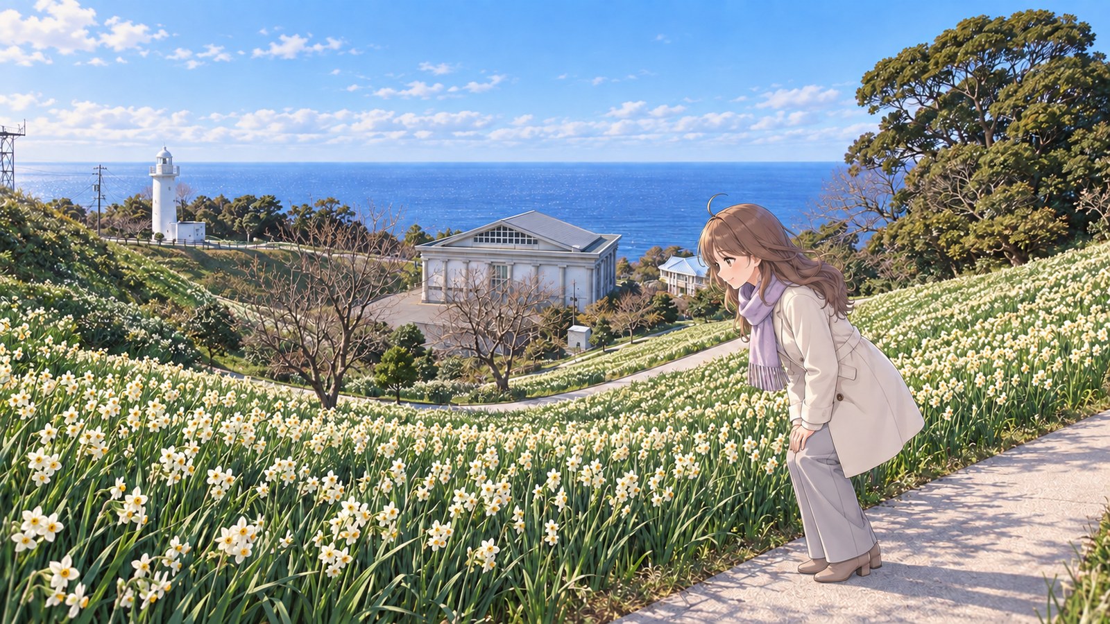 At Cape Echizen Narcissus Land in winter, a woman in a pale coat and pale purple scarf looks at narcissus from the path, with a hall, lighthouse and Sea of Japan beyond